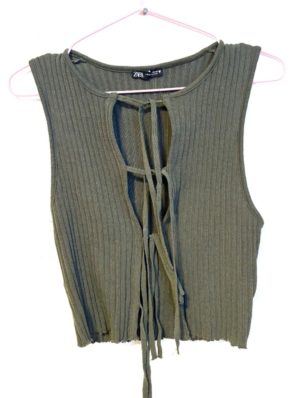 Zara Sleeveless Ribbed Tie Front Knit Top Shirt Dark Green Womens Size Small - Picture 4 of 6
